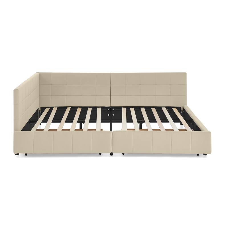 Full Size Upholstered Daybed Platform Tufted Bed Frame with Comfortable Backrest and 2 Drawers