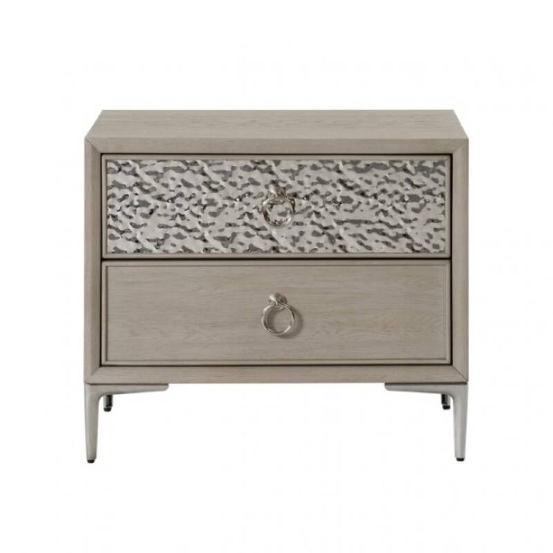 Kaira Nightstand with 2 USB Ports, Textured Metal, Natural Oak Brown