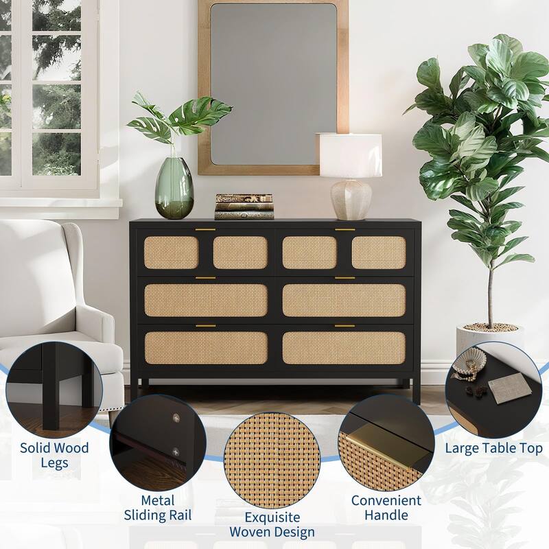 6 Drawer Dresser, Rattan Dresser for Bedroom, Farmhouse Wood Storage Chest of Drawers