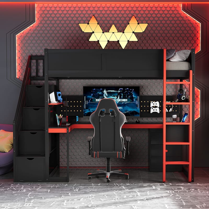 Gaming Loft Bed with Storage Stairs & Desk, Video Game Bed Wood Loft Bed Frame with Pegboard for Teens - Black+Red - Twin