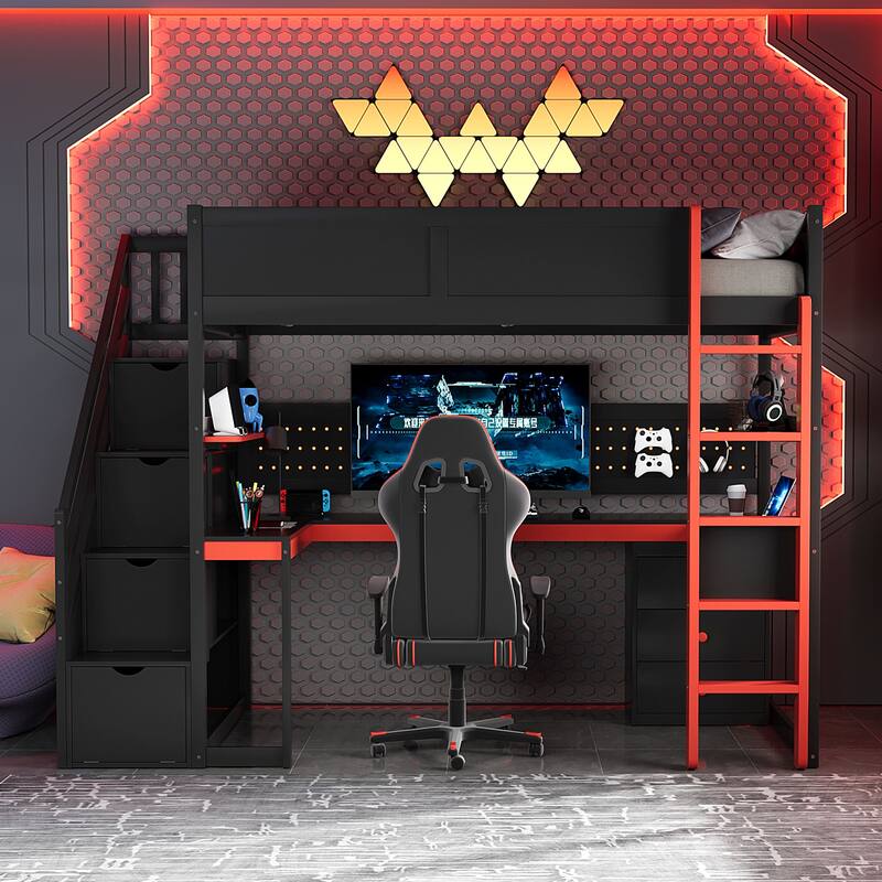 Twin Size Wooden Gaming Loft Bed with Storage Stairs, Desk, Shelves & Pegboard - Black+Red