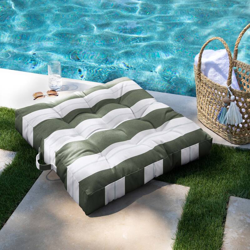 Sorra Home Sunbrella Striped Indoor/Outdoor Square Tufted Floor Pillow with Handle (Single Pillow)