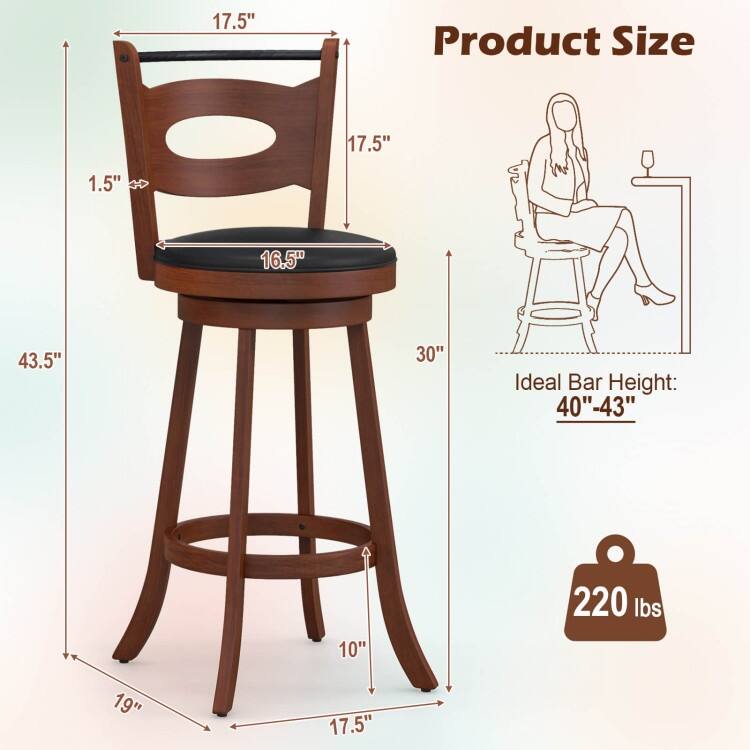 2 Pieces Swivel Bar Stools with Curved Backrest and Seat Cushions