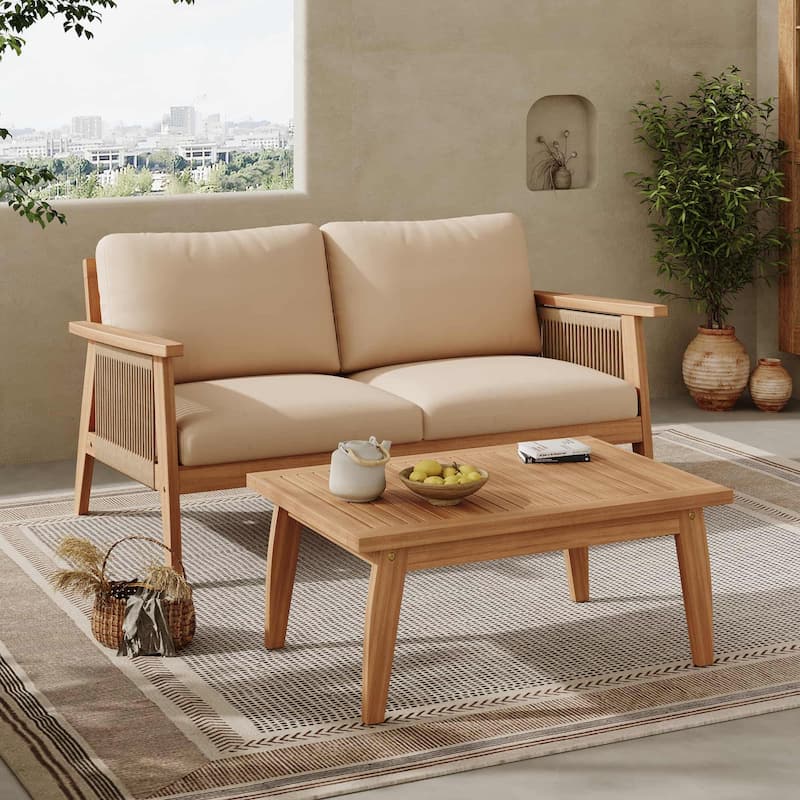 2-Piece Outdoor Acacia Wood Loveseat Sofa Chair Set with Coffee Table - Teak/Beige