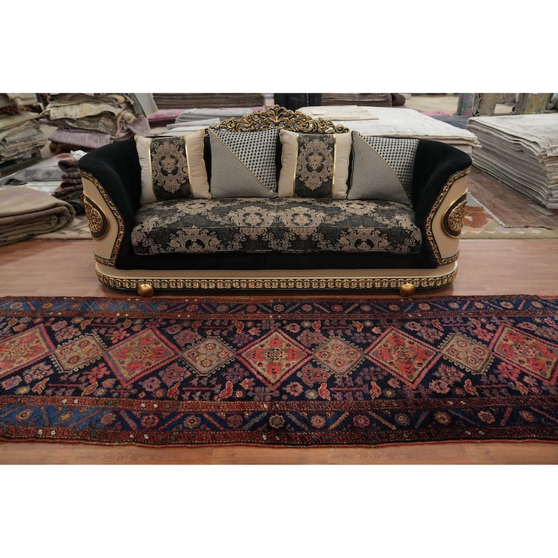 Hand Knotted Oriental 100% Wool Carpet Traditional Geometric Navy Blue & Blues Heriz (serapi) Runner Rug - 16' 4'' X 4' 0''