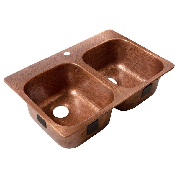 Santi Drop-In Handmade Pure Solid Copper 33 in. 50/50 1-Hole Double Bowl Copper Kitchen Sink in Antique Copper Santi Drop-In Handmade Pure Solid Copper 33 in. 50/50 1-Hole Double Bowl Copper Kitchen Sink in Antique Copper