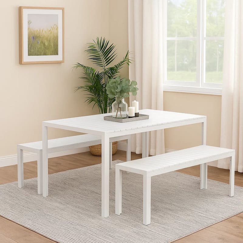 Immaculately Contemporary Anodized Aluminum Table And Bench Set In White (Set of 3)