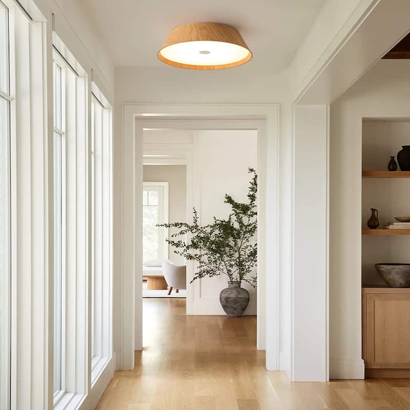 Scandinavian Wood Style Dimmable LED Flush Mount Ceiling Light 13.2in