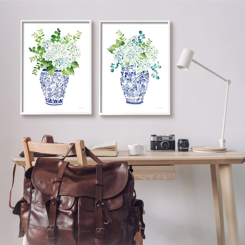 Stupell Blue Floral Bouquets Lush Green Botanicals Ornate Pot 2pc Multi Piece Framed Wall Art Set