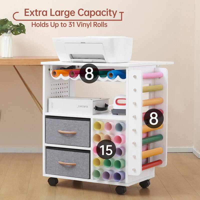All-in-One Craft Table Mobile Craft Storage Cart w/ Vinyl Roll Holder & Folding Tabletop for Craft