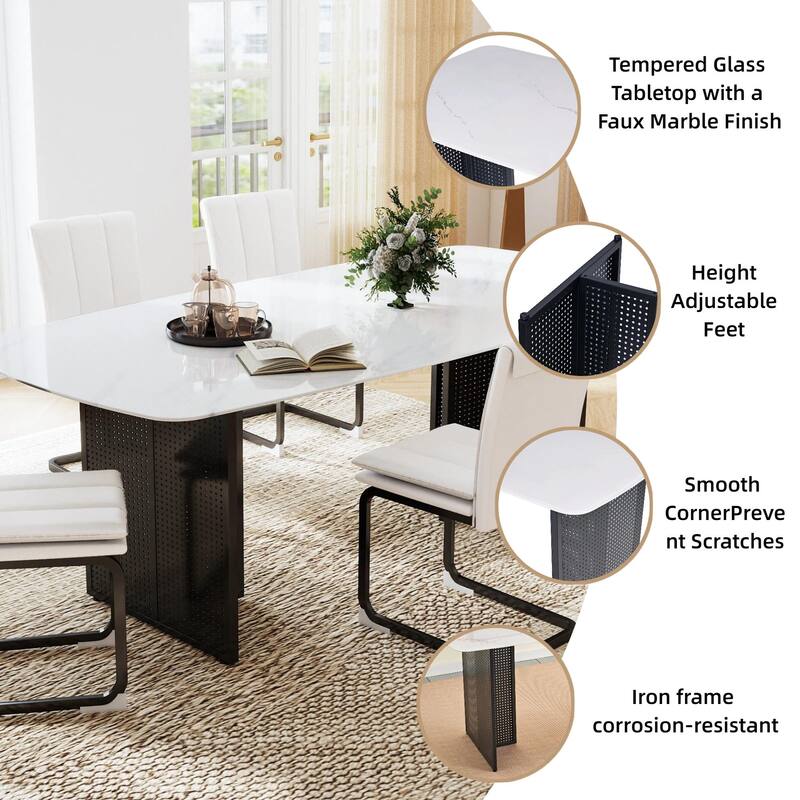 Rectangular Tempered Glass Dining Table for 6, Featuring a Marble-Patterned Design with black Hollow-Out Metal Legs
