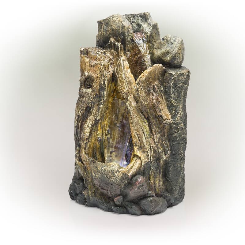 Alpine Corporation 22" Tall Outdoor Rainforest Tree Trunk and Stone Waterfall Fountain with LED Lights