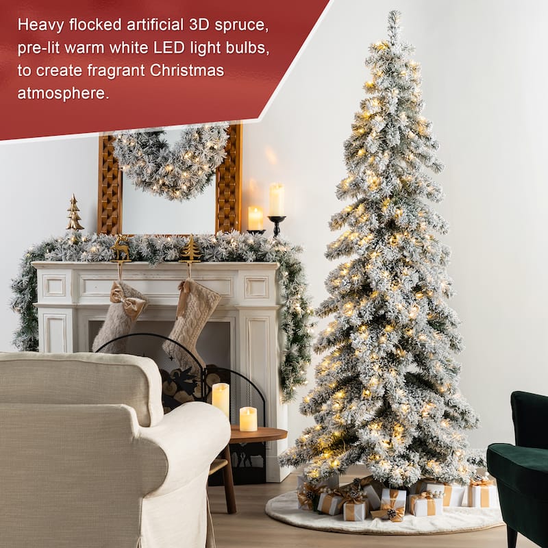 Glitzhome 7.5ft/9ft/12ft Pre-Lit Flocked Layered Spruce Artificial Christmas Trees