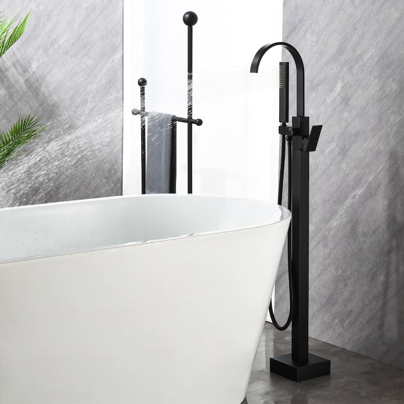 Freestanding Tub Faucet With Hand Sprayer Floor Mount Roman Bathtub Faucet Modern Waterfall Tub Filler Trim With Handheld Showe - Matte Black