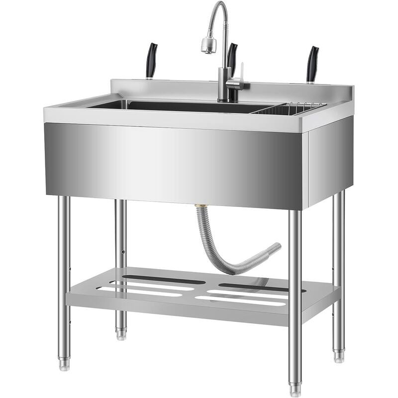 36x 20 x 35.5inch Freestanding Stainless Steel Utility Sink with 360° Swivel Faucet - Silver