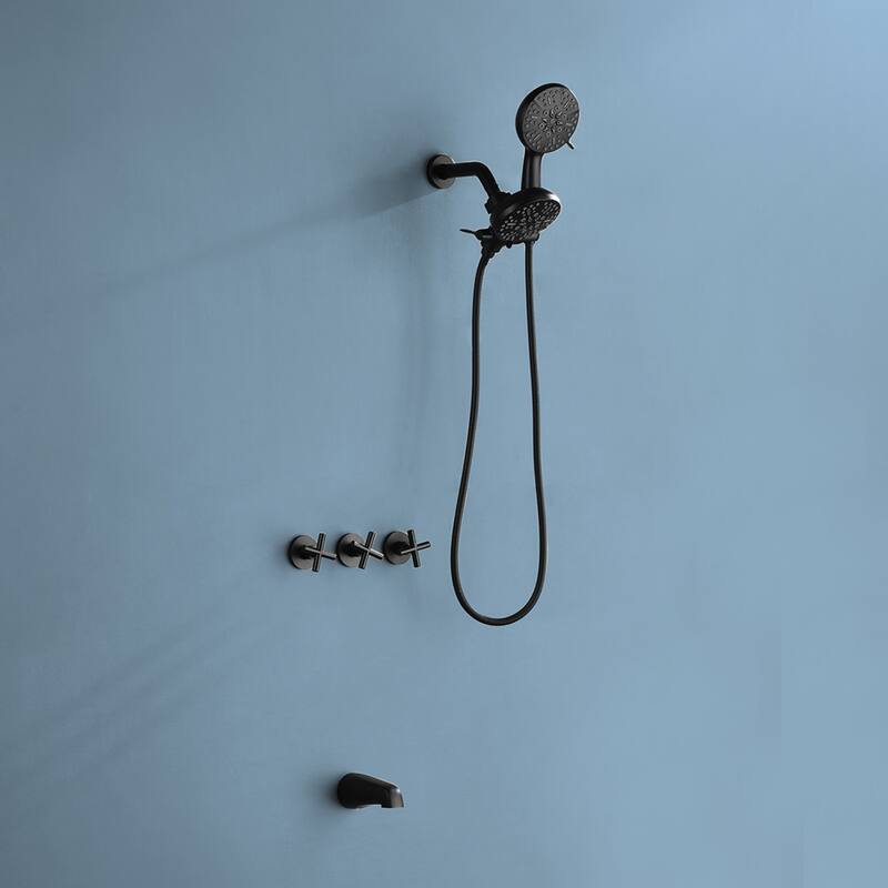 Modland 3-Handle Tub and Shower Faucet Set Dual Head 7-Spray Brass Valve Kit with Alloy Spout