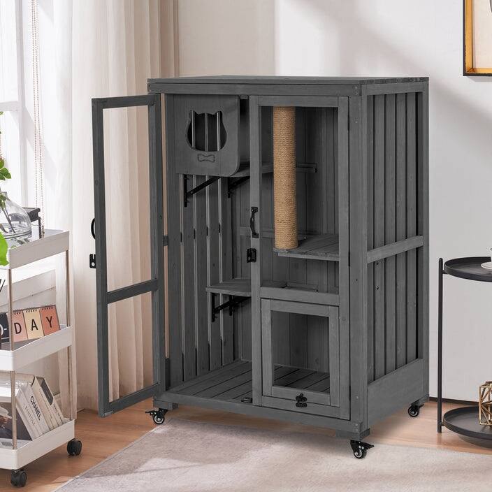 Mcombo Luxury Cat House with Scratching Post, Wooden Large Cat Villa with Wheels, Multi-Feature Cat Condo with Escape Door CT83