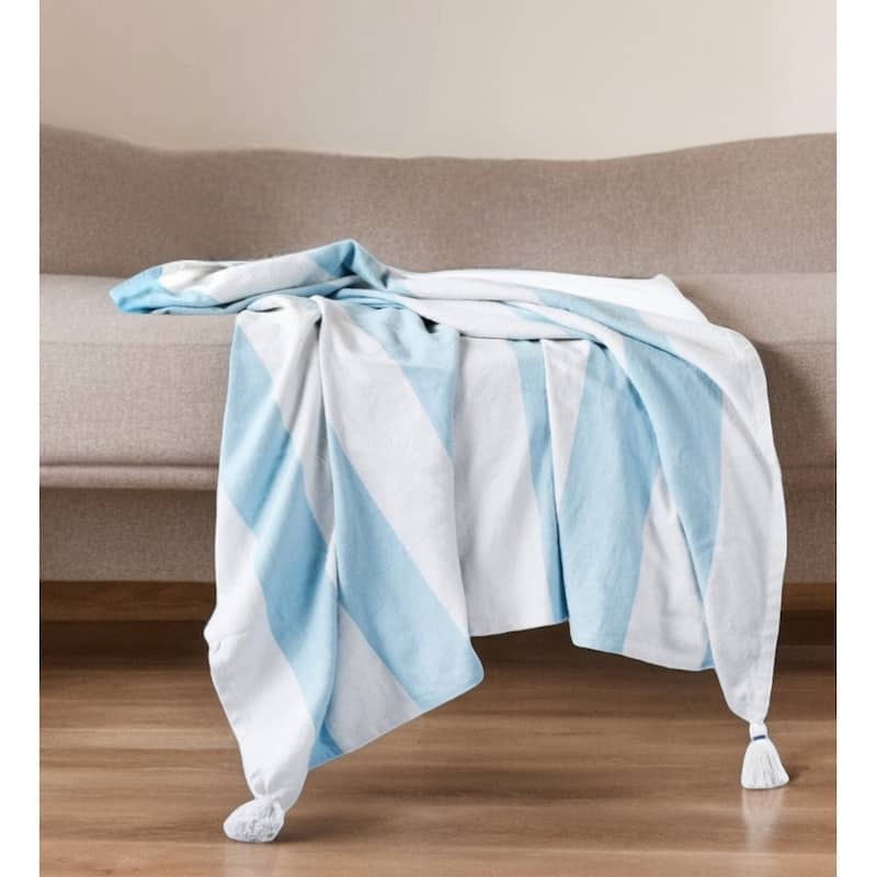 50" X 60" Blue and White Woven Cotton Striped Throw Blanket with Tassels - Throw
