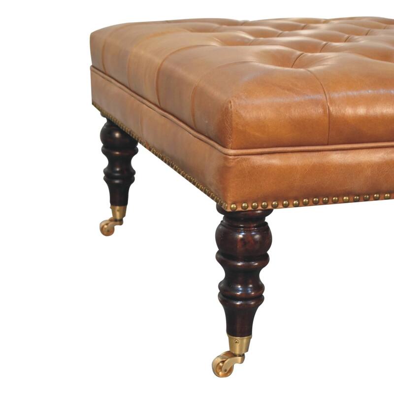 Artisan Furniture Solid Wood Studded Buffalo Tan Leather Ottoman with Castor Legs