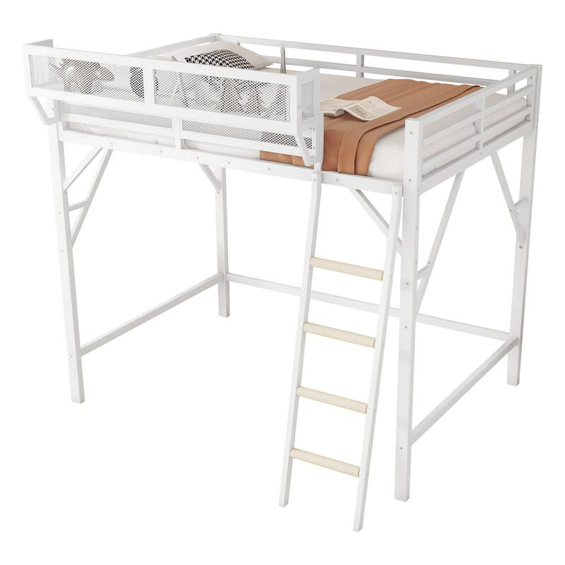 Queen Size Loft Bed with Ladder, Metal Queen Loft Bed with Storage Shelves, High Loft Bed for Kids Teens