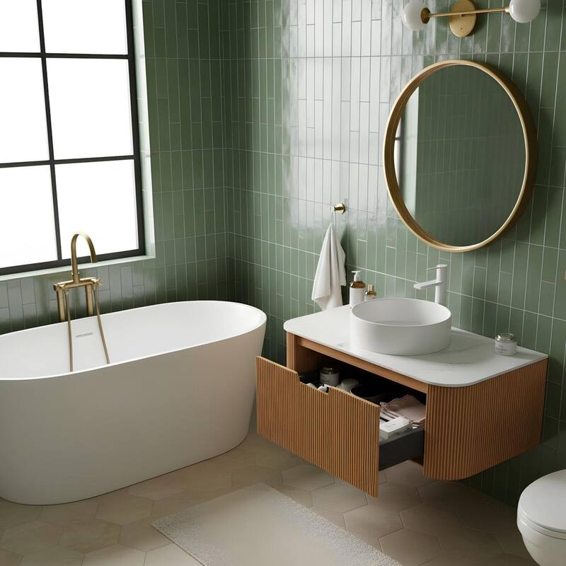 Wall Mounted Bathroom with White Round Ceramic Basin and Drawer