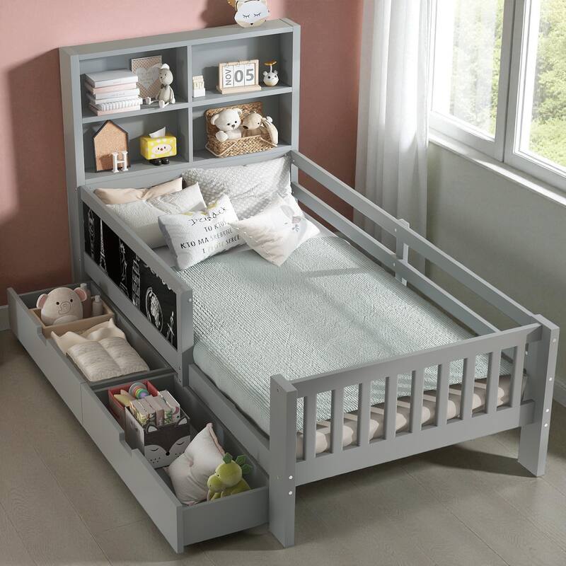 Twin/Full Solid Wood Platform Bed with Chalkboard Headboard, Storage Drawers and Shelves, Space-Saving Kids Bed