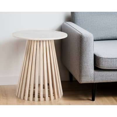 HomeRoots 20" White and Natural Distressed Marble and Solid Wood Round Pedestal End Table - 19' X '20.1' X '19
