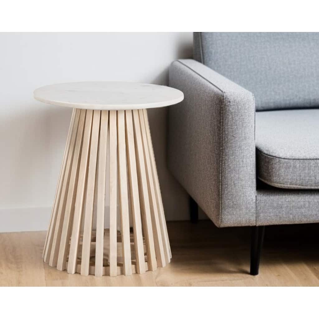HomeRoots 20" White and Natural Distressed Marble and Solid Wood Round Pedestal End Table - 19' X '20.1' X '19