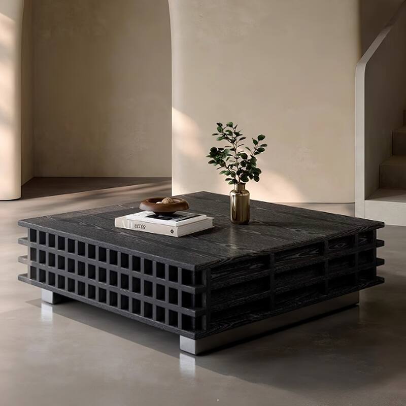 31.5’ Black Multi-Layer Solid Wood Square Coffee Table with 2 Grid Finish Drawers - 7'6" x 10'9" - Black