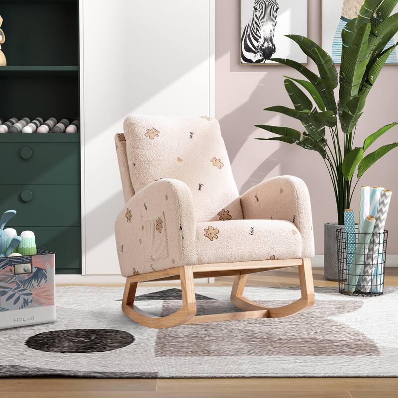 Boucle Rocking Chair with High Back, Side Pocket & Solid Wood Frame - Beige