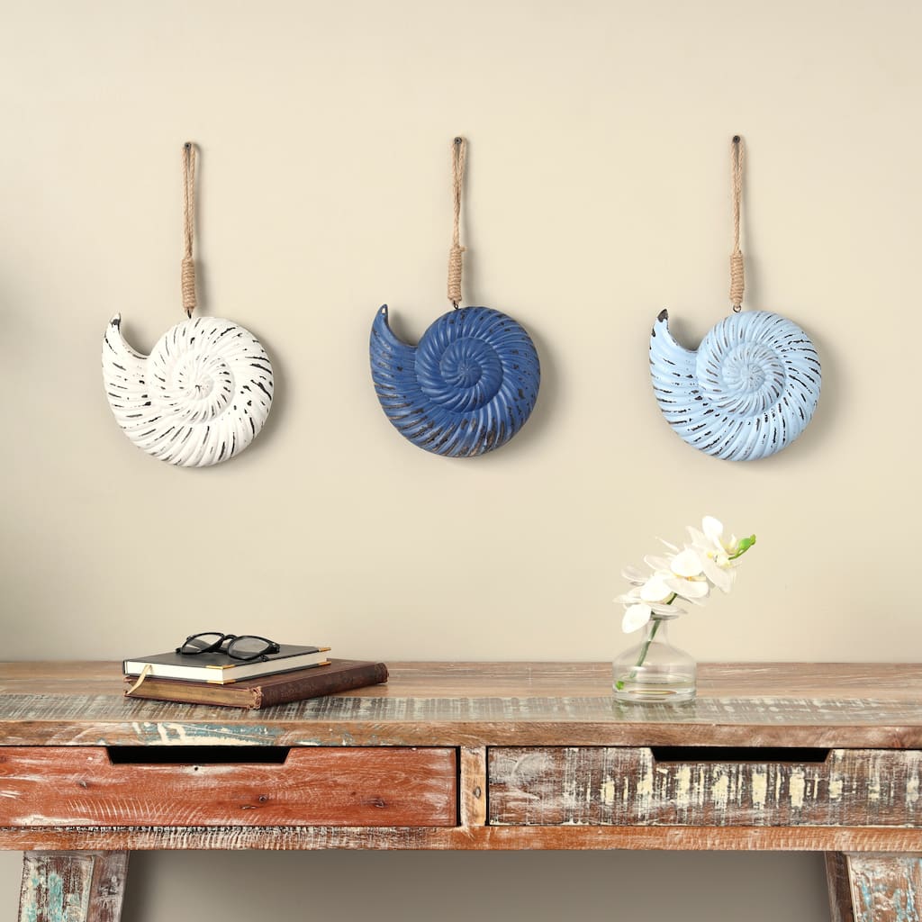 Blue Wooden Distressed Shell Home Wall Decor with Jute Hanging Rope (Set of 3)