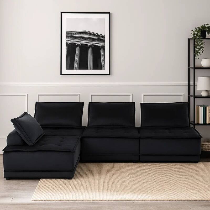 Alaya 120 Inch 3 Piece Modular Sofa, Tufted Soft Black Velvet