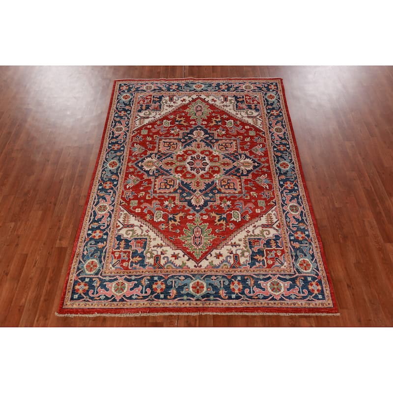 Vegetable Dye Red Heriz Serapi Oriental Area Rug Handmade Wool Carpet - 5'6"x 7'11"