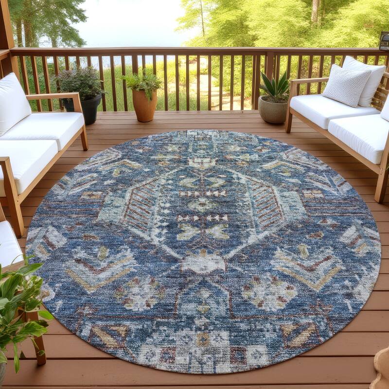 Machine Washable Indoor/ Outdoor Boho Traditional Chantille Rug - Navy - 8' x 8'