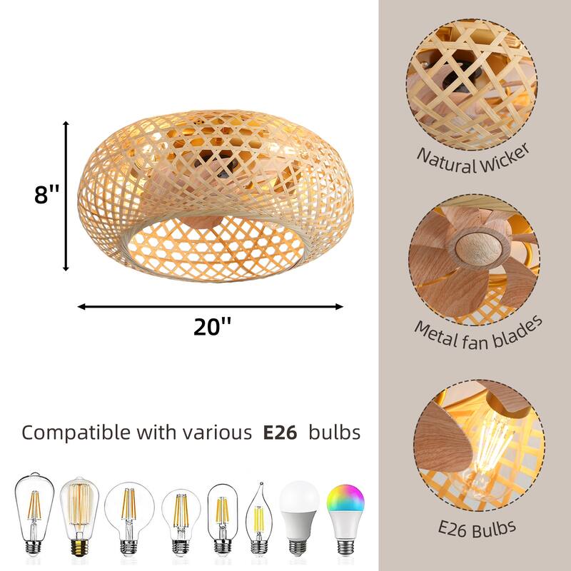 Cusp Barn 20'' Farmhouse Bamboo Woven Resiverable Low Profile Caged Flush Mount Ceiling Fan with Light and Remote for Bedrooms
