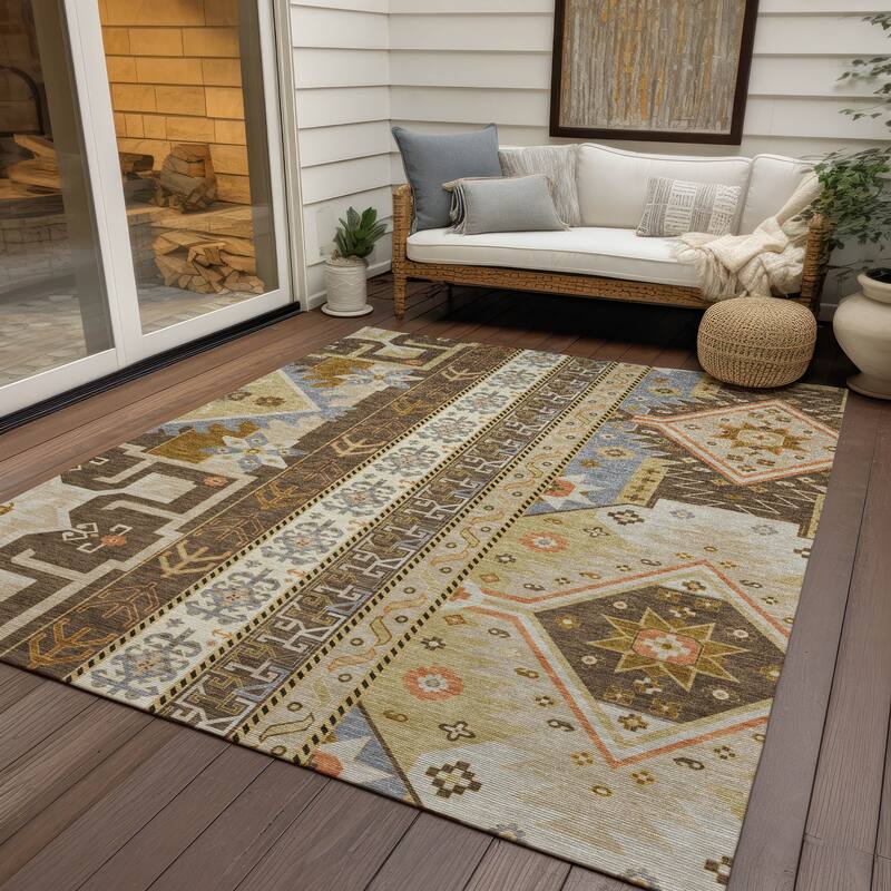 Machine Washable Indoor/ Outdoor Boho Tribal Chantille Rug - Brown - 3' x 5'
