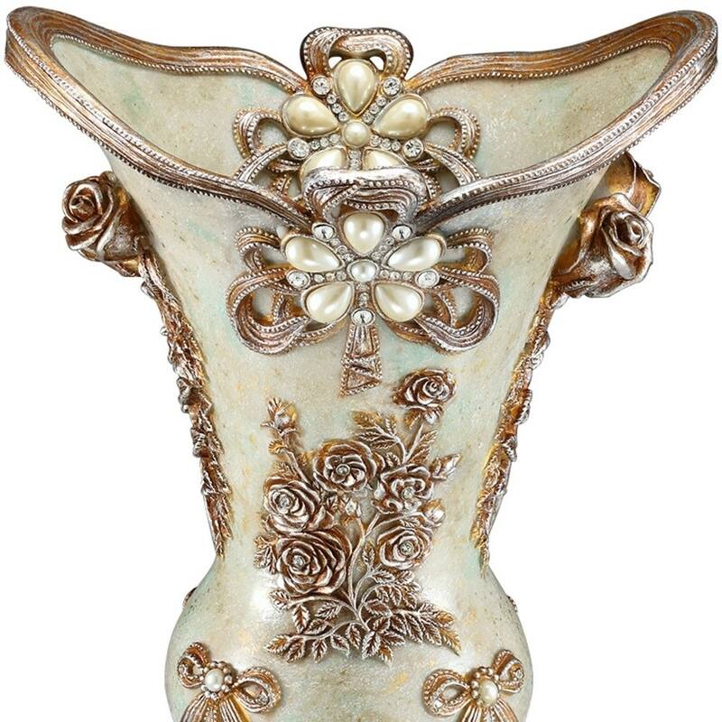 Green Bronze and Silver Floral Trumpet Polyresin Table Vase 16"
