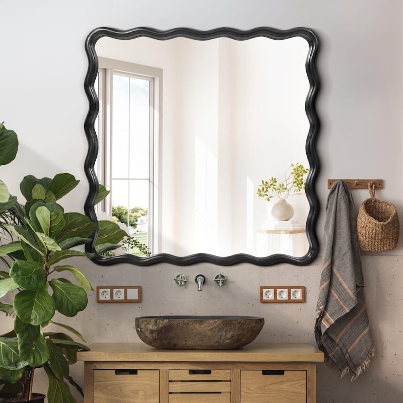 36 in. W x 36 in. H Square Wood Framed Wavy Wall Mirror - Black - 36”x36"