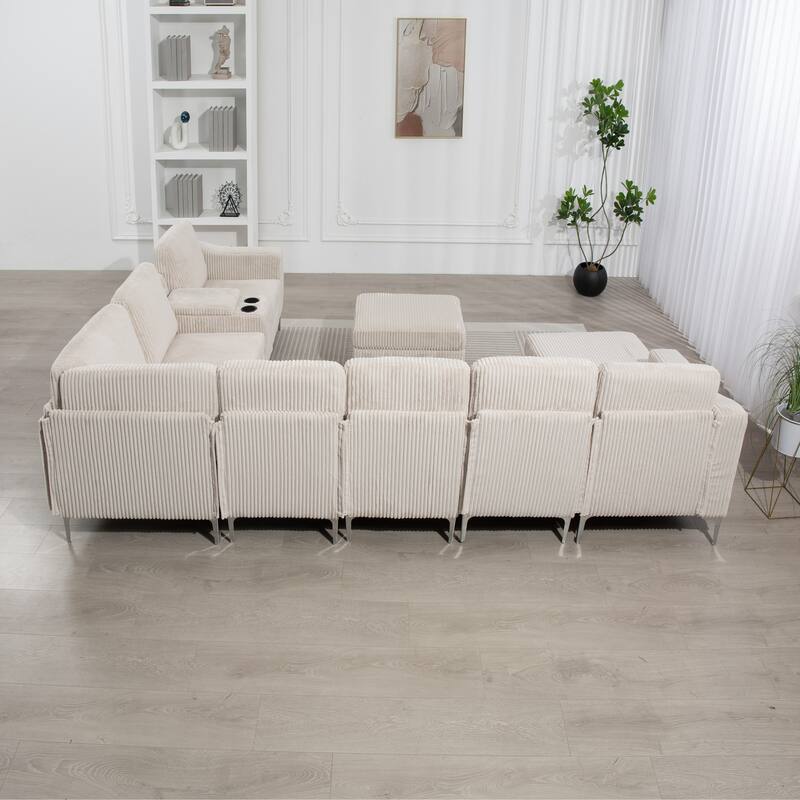 Modular Corduroy Sectional Sofa Convertible 6-Seat Couch with USB Ports, Storage Ottomans and Cup Holder for Living Room