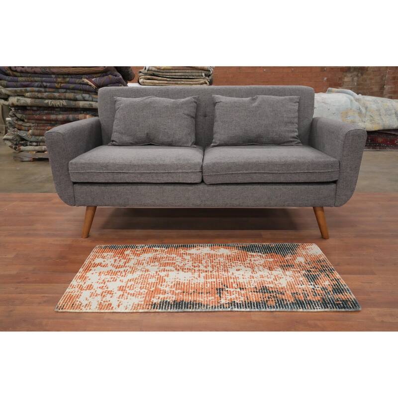 Hand Knotted Oriental Viscose Silk Carpet Modern All-Over Peach Abstract Area Rug - 4' 0'' X 2' 0''
