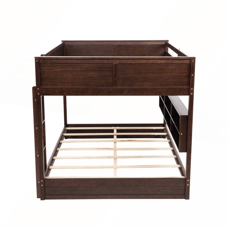 Queen Over Queen Bunk Bed with Built-in Storage Cabinets and Charging Station