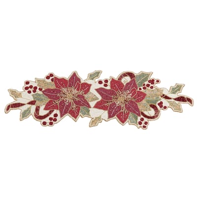 Table Runner With Beaded Poinsettia Design - 13"x36"