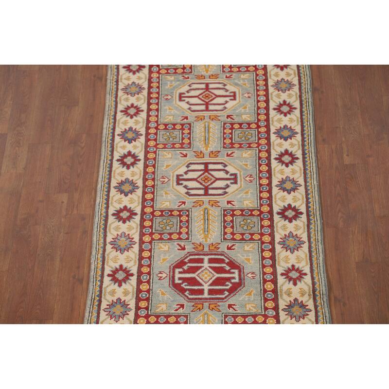 Geometric Kazak Runner Rug Hand-Knotted Wool Carpet - 2'8" x 13'6"