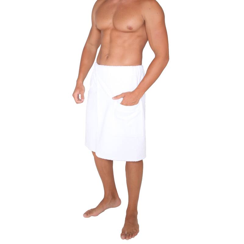 Men's Adjustable Hook and Loop Closure Turkish Terry Cotton Bath Wrap - Small/Medium - White