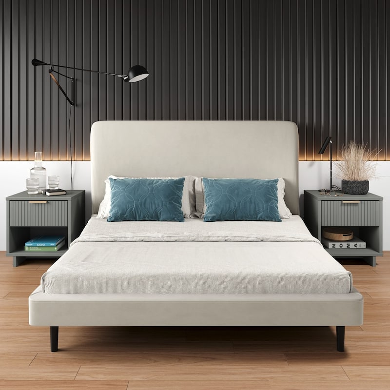 Manhattan Comfort Granville Mid Century Solid Wood 1 Drawer Nightstand Set of 2 - Light Grey
