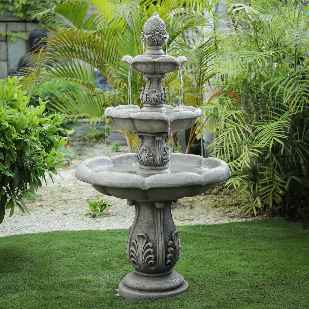 Grey Stone-Finish 3-Tier Pineapple Outdoor Fountain