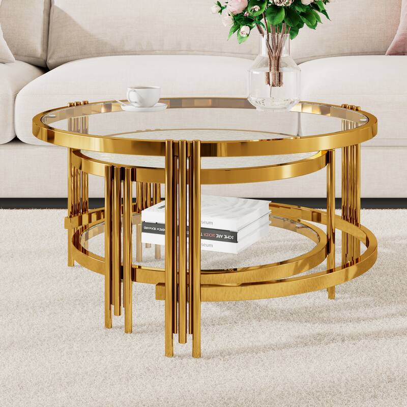 2-Piece Nesting Coffee Table Set, Round Glass Top Center Table with Lower Shelf, 2-Tier Metal Frame Storage Accent Tables