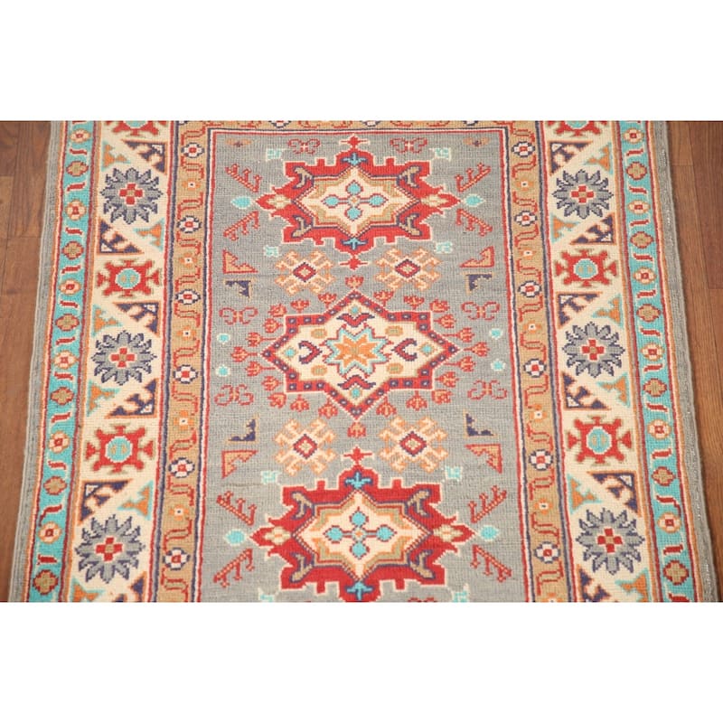Geometric Grey Kazak Foyer Rug Handmade Traditional Wool Carpet - 2'7" x 3'10"