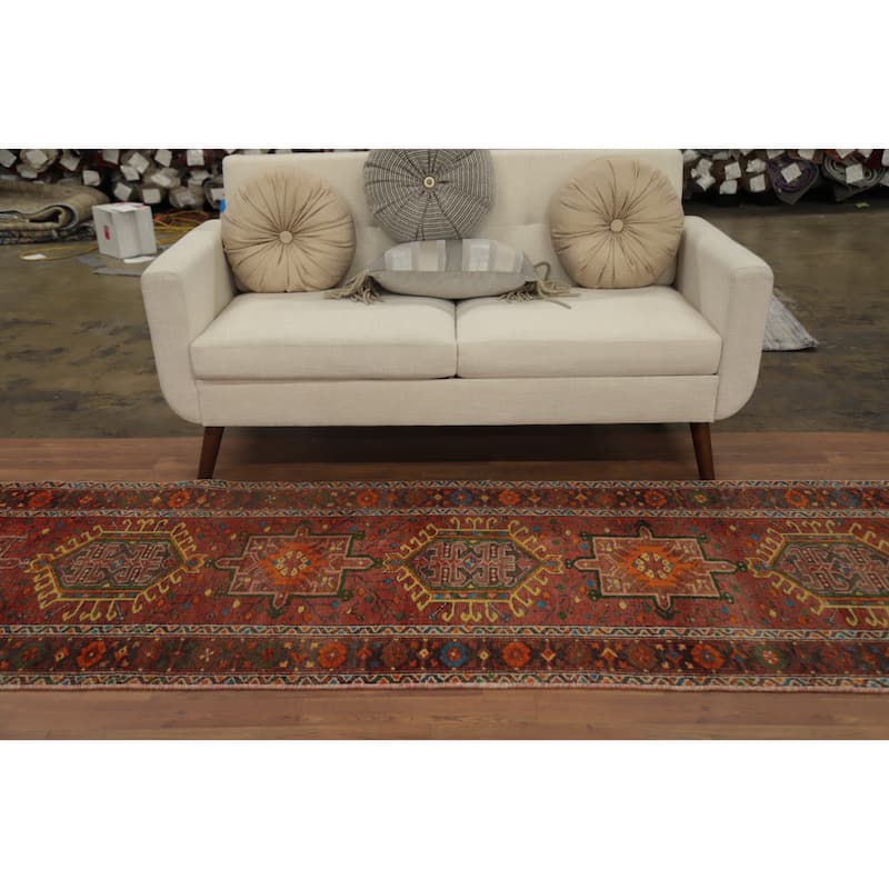 Hand Knotted Oriental 100% Wool Carpet Traditional Geometric Oranges & Rust Heriz Runner Rug - 10' 7'' X 3' 1''