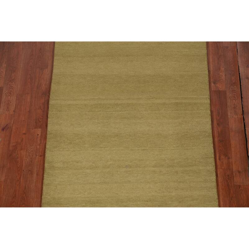 Hand Knotted Oriental 100% Wool Carpet Modern Solid Green Gabbeh Runner Rug - 9' 4'' X 3' 2''